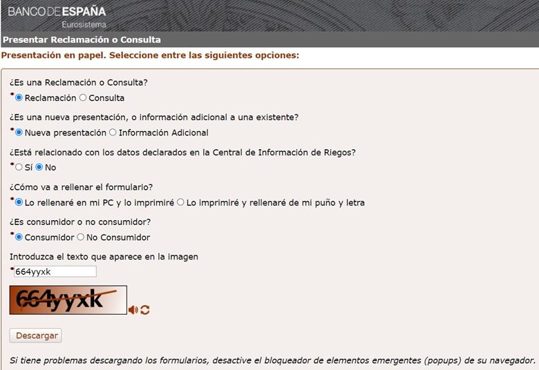 Formulario reclamación Banco de España