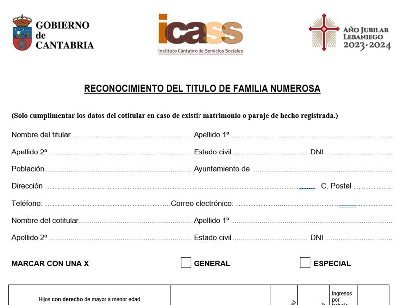 Formulario reconocimiento familia numerosa en Cantabria