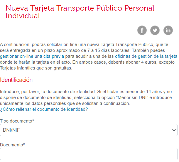 Petición tarjeta TTP Consorcio transportes Madrid