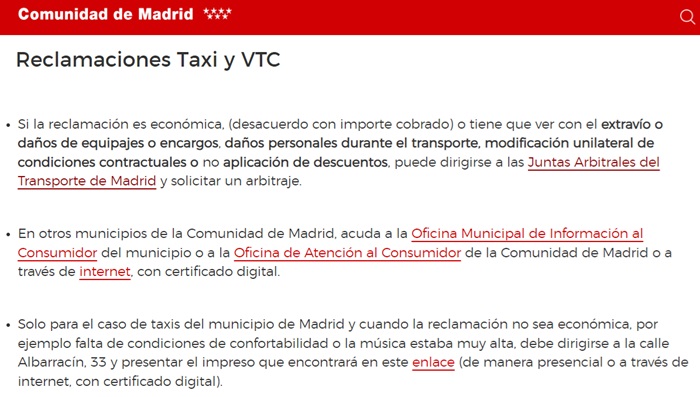 Reclamaciones VTC y Taxi Comunidad de Madrid