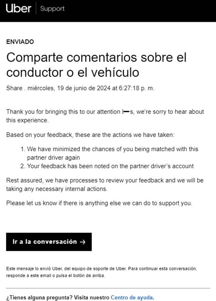 Respuesta del Centro de Soporte de Uber a una queja sobre el conductor