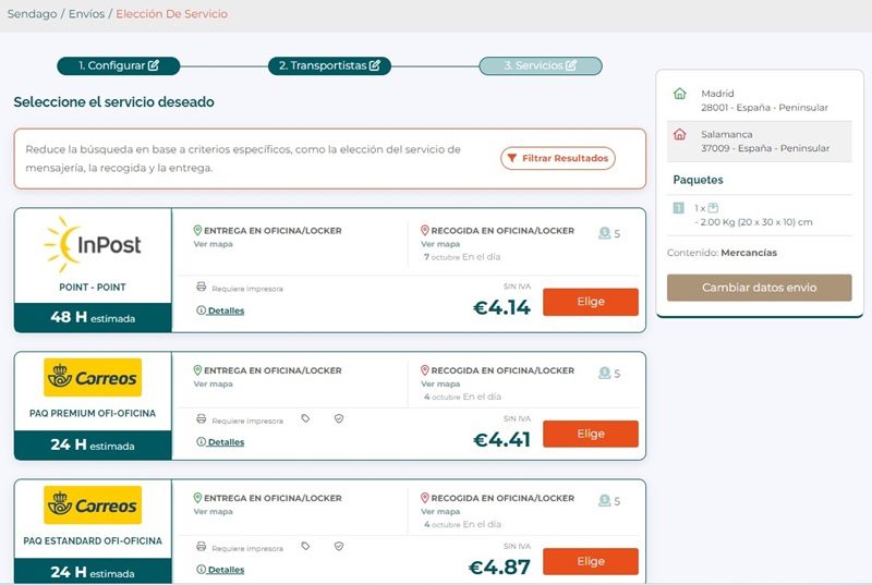 Simulación de envio de paquete con Sendago